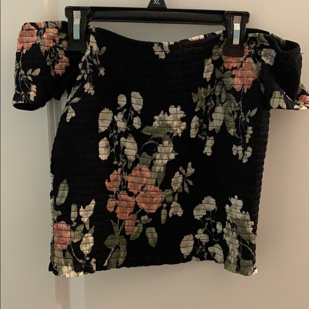 Crop, fitted, off-the-shoulder navy blouse